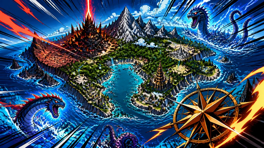 a map of an island realm with mountains, forests, a sheltered bay, sea monsters in the water and a compass rose, no text labels