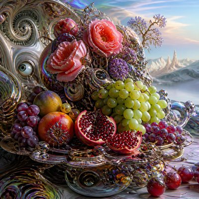 still life arrangement of fruits and flowers