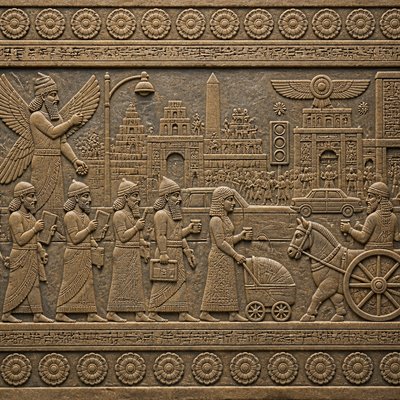 urban street with city activity — Mesopotamian Relief Art Style