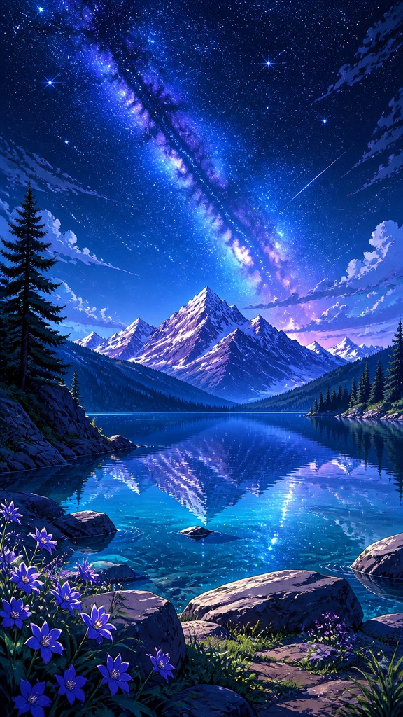 a tranquil mountain lake beneath a starry night sky, no people, no text