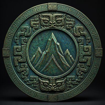 an emblem of a mountain peak inside a circle, simple bold shapes on a plain background, no text or lettering