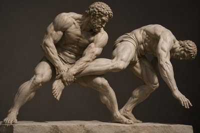 ancient greek wrestler grabbing his opponents leg