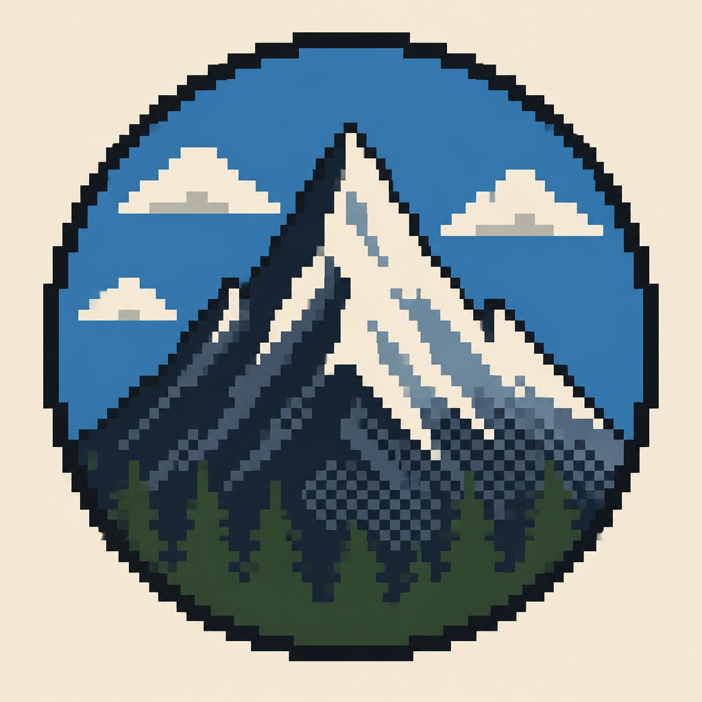 an emblem of a mountain peak inside a circle, simple bold shapes on a plain background, no text or lettering
