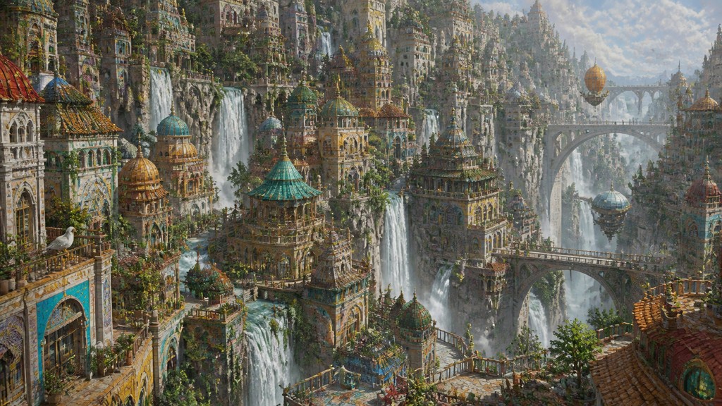 a cliffside city with waterfalls cascading into a misty canyon, wide establishing shot, no people, no text