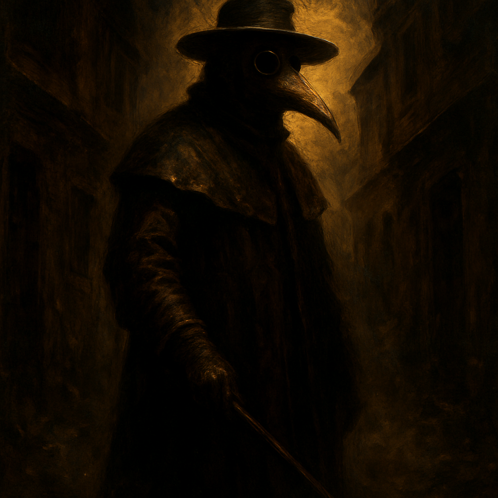 "A solitary and ominous Black Plague Doctor stands in a dimly lit, narrow cobblestone alleyway in a medieval European city. The doctor is clad head-to-toe in their iconic, dark, heavy protective gear: a long, oil-soaked waxed canvas or leather coat, dark gloves, and a wide-brimmed black hat. Their most striking feature, the beaked mask with dark, glass eyeholes, is prominent, creating an eerie, bird-like silhouette that conceals their face entirely. A wooden cane or pointer is held firmly in one gloved hand.
The atmosphere is heavy and foreboding. The background features dark, crumbling stone or timber-framed buildings with shuttered windows, hinting at a city under quarantine. Smoke or mist might subtly swirl around their feet. The lighting is stark and dramatic, perhaps from a distant lantern or a sliver of pale moonlight, casting deep shadows and highlighting the grim details of their attire. The overall mood is one of profound isolation, historical dread, and silent vigilance against an invisible enemy."