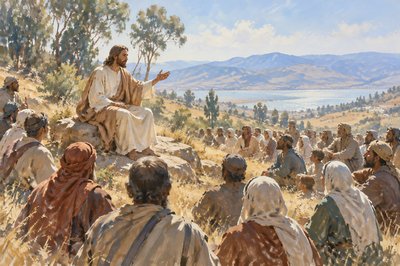Jesus peaches the beatitudes to the crowds on the mount