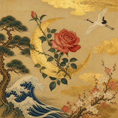 a rose entwined with a crescent moon, clean balanced composition on a plain background, no text