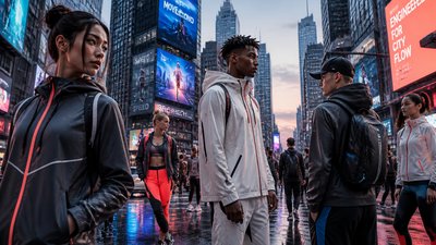 bustling city street panorama at dusk