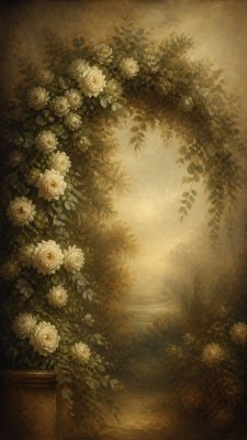 an arch of white roses and eucalyptus in soft morning light, elegant vertical composition with open space, no text