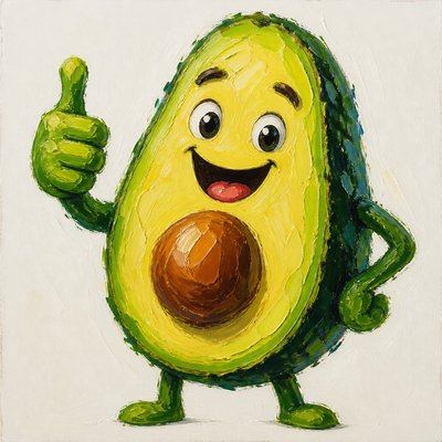 a happy avocado character giving a thumbs up, bold readable design on a plain background, no text