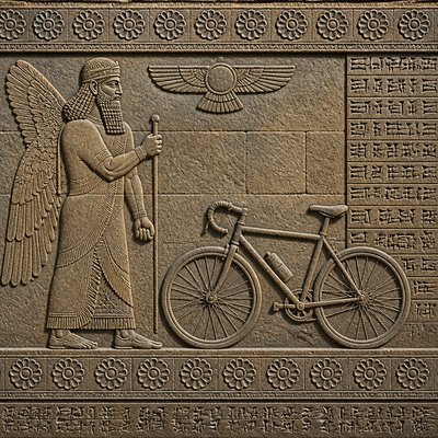 bicyle resting against a wall — Mesopotamian Relief Art Style