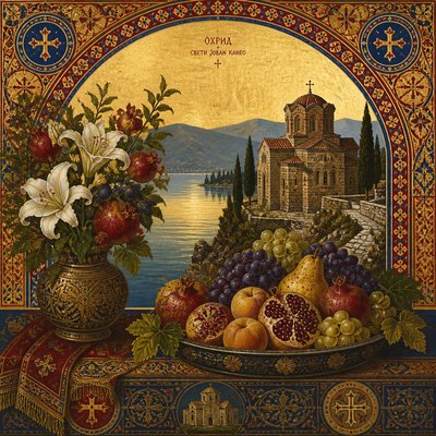 still life arrangement of fruits and flowers