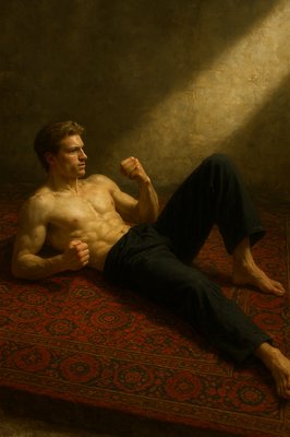 a man laying on top of a red rug