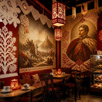 cozy cafe interior with warm lighting