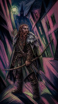 full-body original character: a dwarven ranger with a braided auburn beard, worn leather armor, a longbow and a wolf-pelt cloak, neutral background, no text