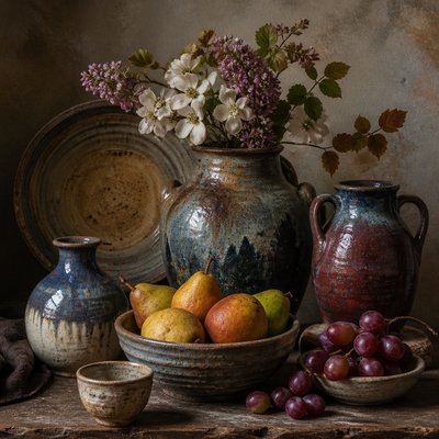 still life arrangement of fruits and flowers