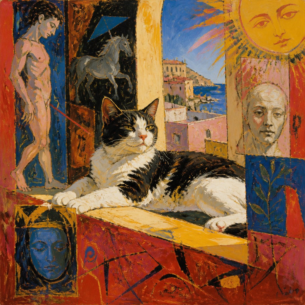 a cat lounging in a sunlit window — Transavanguardia Art Style