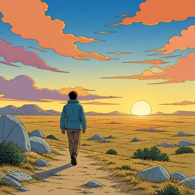 a solitary figure walking toward a glowing horizon across an empty plain, moody atmosphere, no text or lettering