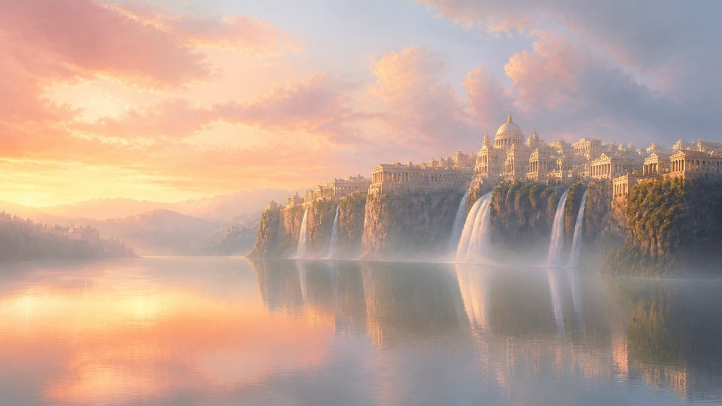 a cliffside city with waterfalls cascading into a misty canyon, wide establishing shot, no people, no text