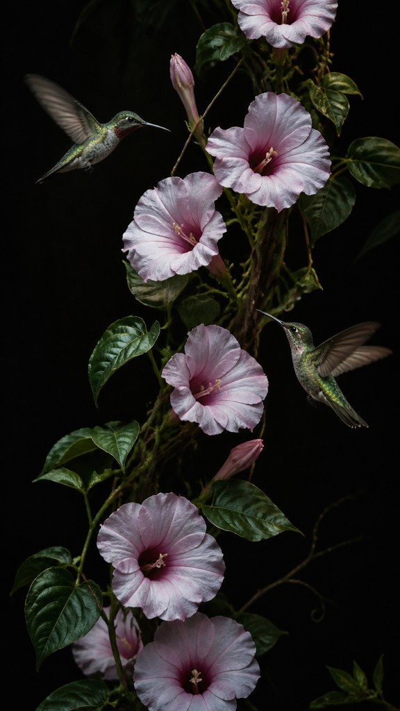 a climbing vine of flowers and hummingbirds on a dark background, tall wrapping composition, no text
