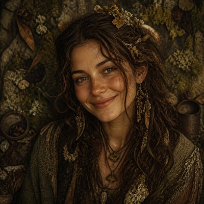 head-and-shoulders portrait of an original character: a young woman with wavy chestnut hair and a warm smile, plain soft backdrop