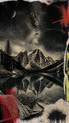 a tranquil mountain lake beneath a starry night sky, no people, no text