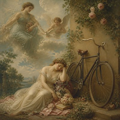 bicyle resting against a wall — Allegorical Painting Art Style