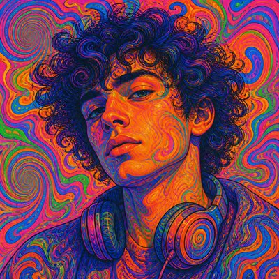 head-and-shoulders portrait of an original character: a young man with curly dark hair and headphones around his neck, plain backdrop, no text