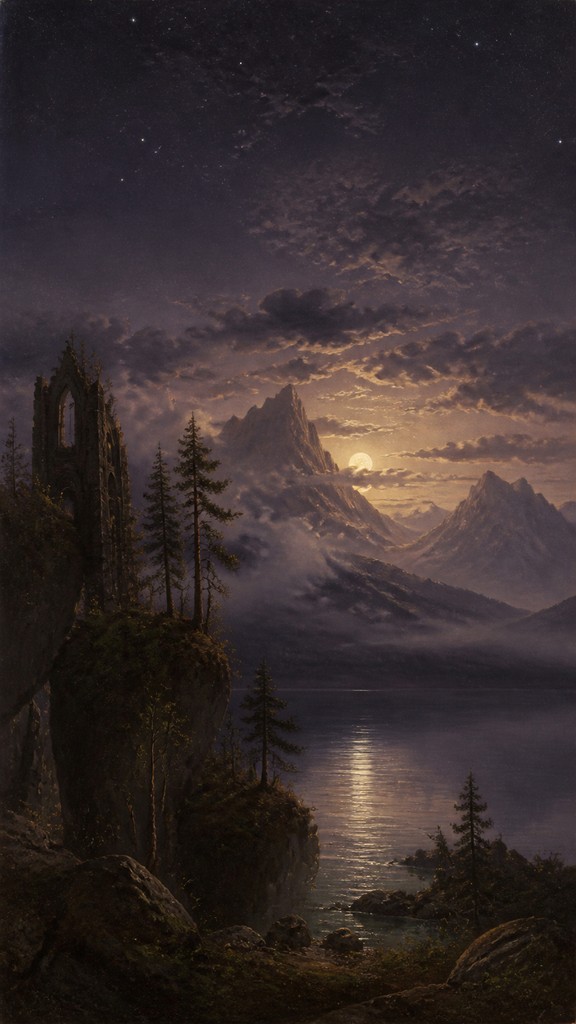 a tranquil mountain lake beneath a starry night sky, no people, no text