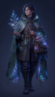 full-body original character: a wandering botanist with a satchel of plants, a patched green cloak, tall boots and round glasses, neutral background