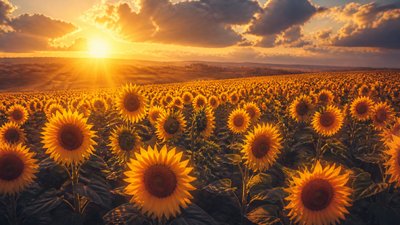 an endless field of sunflowers under summer clouds, no people