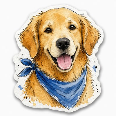 portrait of a golden retriever wearing a blue bandana, warm plain backdrop, no text