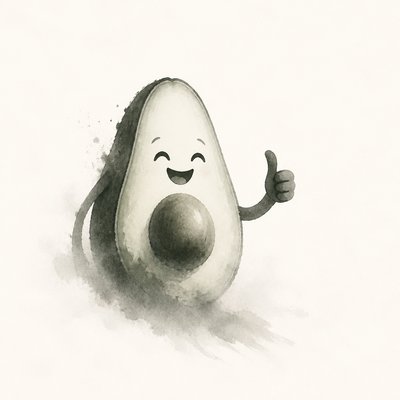 a happy avocado character giving a thumbs up, bold readable design on a plain background, no text