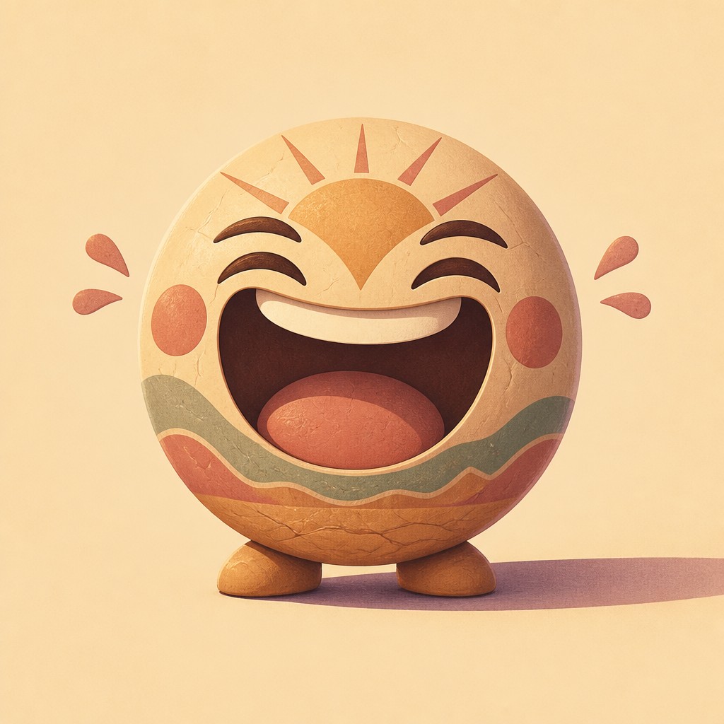 an exaggerated laughing face of an original round mascot character, bold and readable at small size, plain background, no text