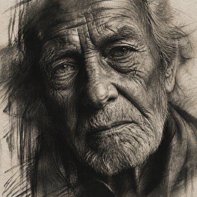 close-up portrait of an elderly person with expressive weathered features