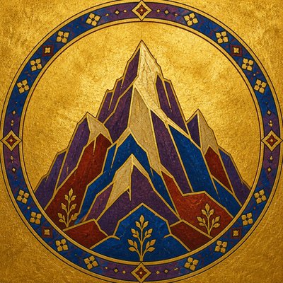 an emblem of a mountain peak inside a circle, simple bold shapes on a plain background, no text or lettering