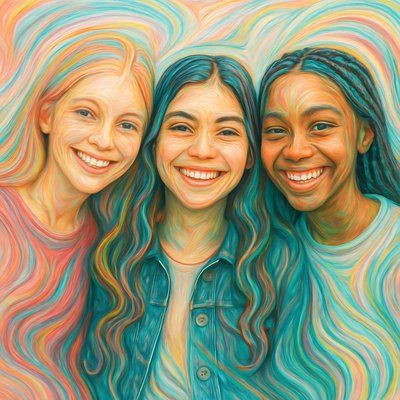 a group of three girls standing next to each other
