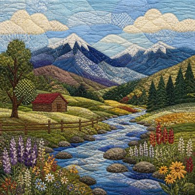 wide landscape with natural scenery — Quilt Art Style
