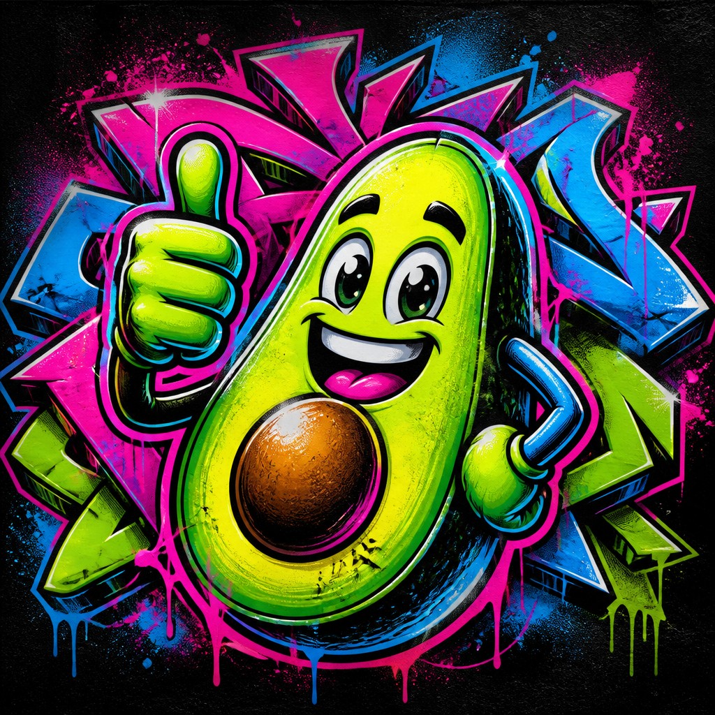a happy avocado character giving a thumbs up, bold readable design on a plain background, no text