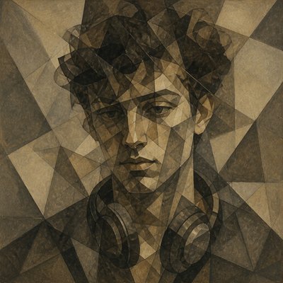 head-and-shoulders portrait of an original character: a young man with curly dark hair and headphones around his neck, plain backdrop, no text