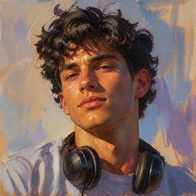 head-and-shoulders portrait of an original character: a young man with curly dark hair and headphones around his neck, plain backdrop, no text