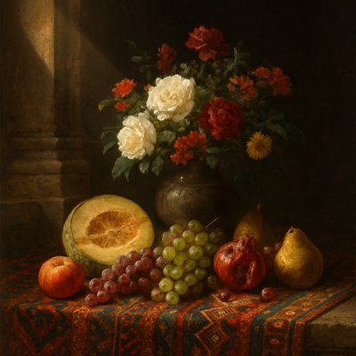 still life arrangement of fruits and flowers