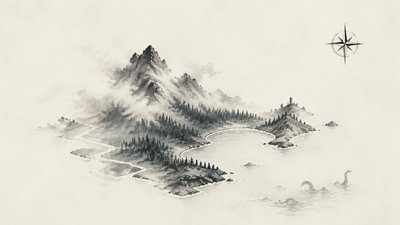 a map of an island realm with mountains, forests, a sheltered bay, sea monsters in the water and a compass rose, no text labels