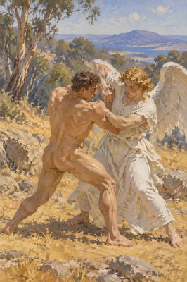 ancient greek athlete without clothes wrestles an angel