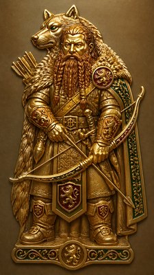 full-body original character: a dwarven ranger with a braided auburn beard, worn leather armor, a longbow and a wolf-pelt cloak, neutral background, no text