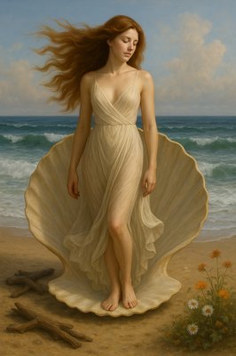 a painting of a woman in a dress on the beach