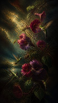 a climbing vine of flowers and hummingbirds on a dark background, tall wrapping composition, no text