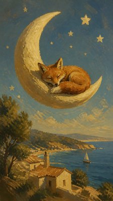 a sleeping baby fox curled on a crescent moon among soft stars, gentle and warm, no text