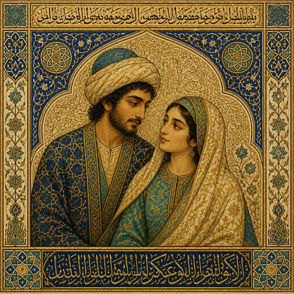 portrait of two people together — Islamic Golden Age Art Style