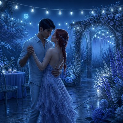 an original couple dancing under string lights in a garden at dusk: a man with short black hair in a linen shirt and a woman with braided red hair in a summer dress